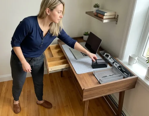 Desk Organization That Stays Neat Past the First Week Woman organizing a home office desk with zones and a bamboo drawer organizer on a compact apartment desk