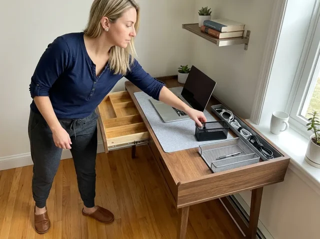 Woman organizing a home office desk with zones and a bamboo drawer organizer on a compact apartment desk