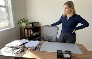 11 Desk Organization Ideas That Actually Last Woman beginning to organize a cluttered home office desk with bins and dividers nearby