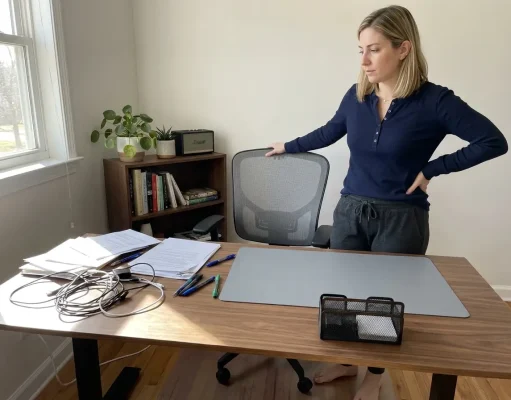 11 Desk Organization Ideas That Actually Last Woman beginning to organize a cluttered home office desk with bins and dividers nearby