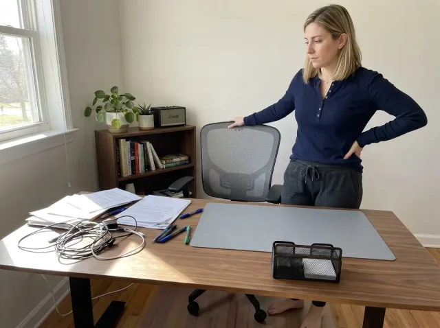 Woman beginning to organize a cluttered home office desk with bins and dividers nearby