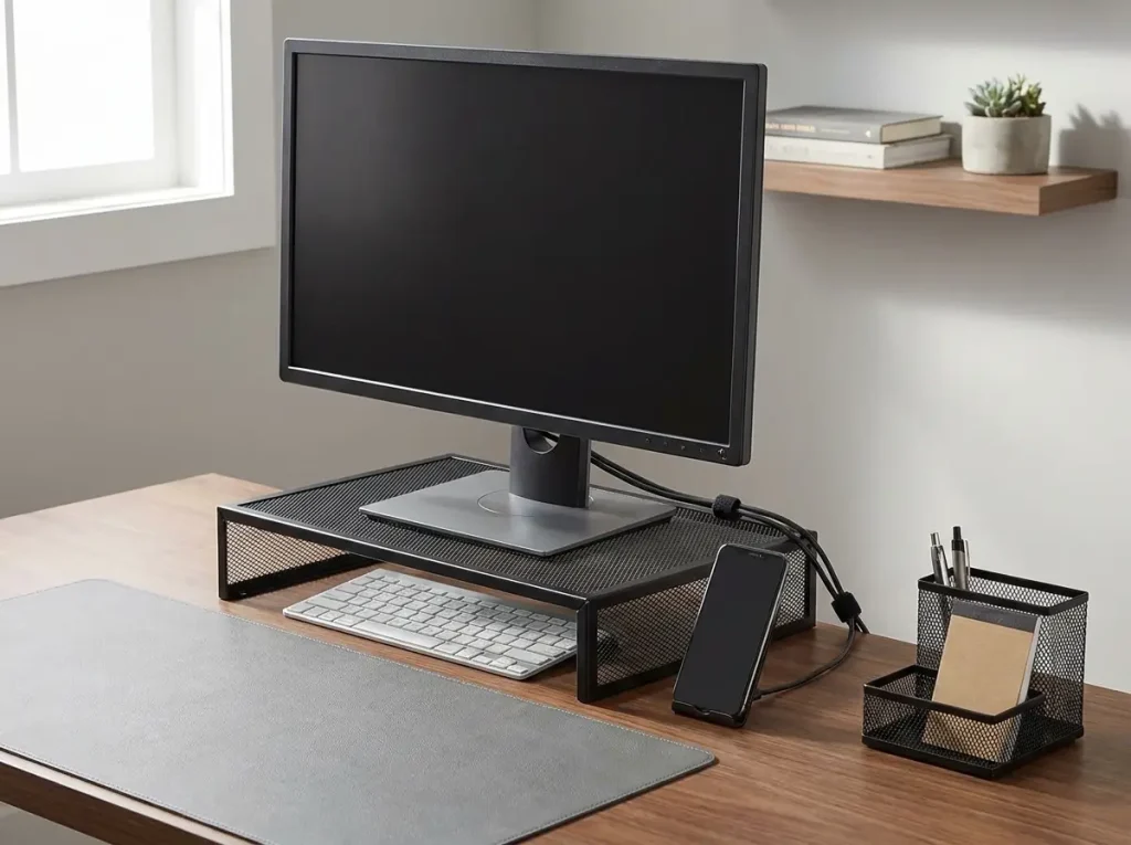 Metal mesh monitor riser with storage drawer on organized home office desk with keyboard stored underneath