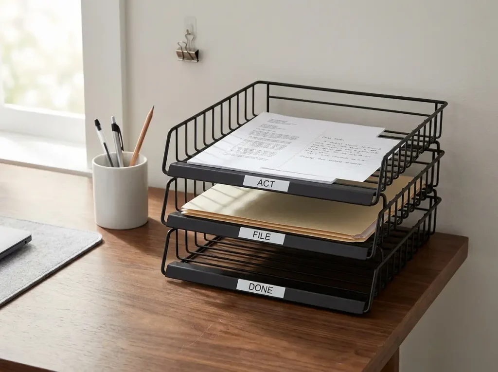 Three labeled letter trays on desk corner with act, file, and done organization system for paper management