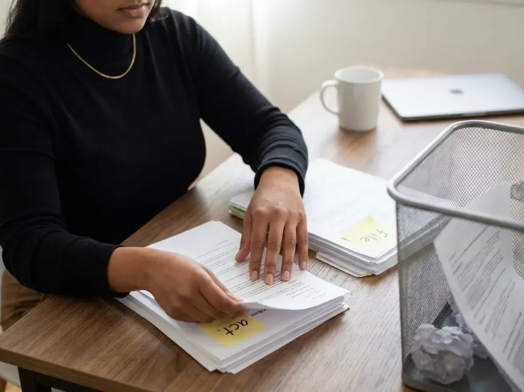 Hands sorting papers into act, file, and toss piles during a desk declutter session