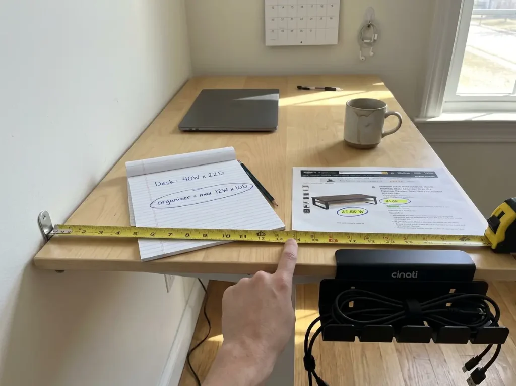 Tape measure extended across compact desk showing 40-inch width with measurement notes on paper pad nearby