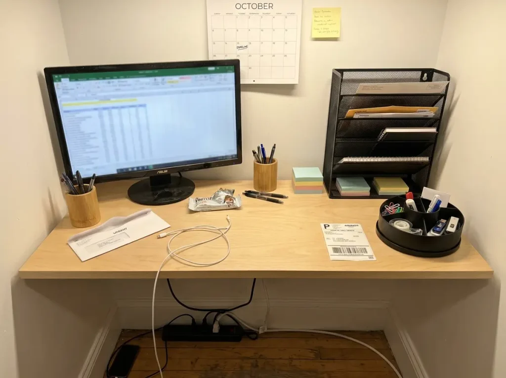 Cluttered desk with three different organizers but papers and items still piling up around them
