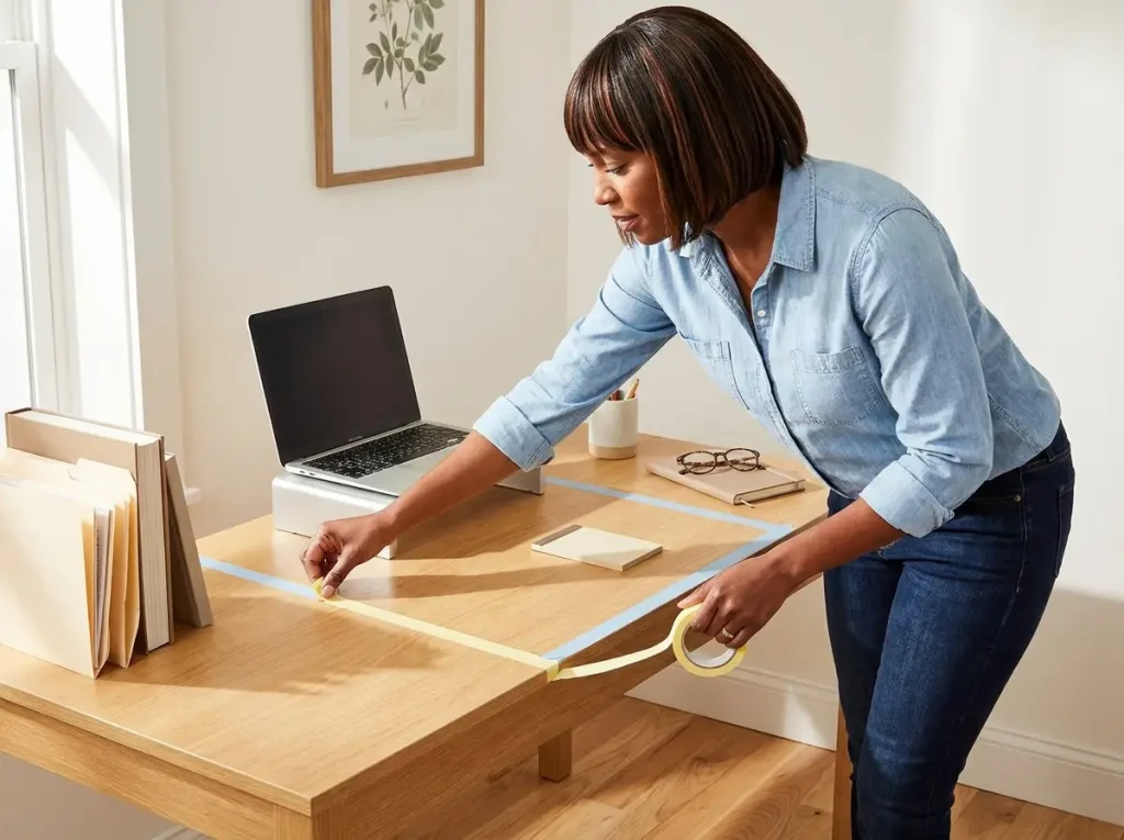 Woman using tape to map three work zones on a home office desk surface