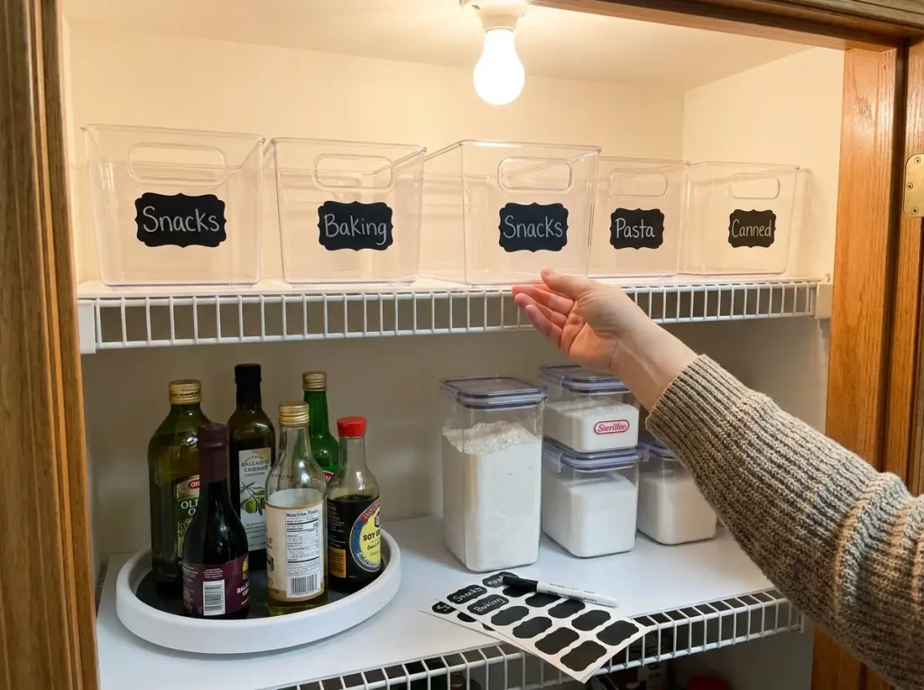Dollar Tree plastic bins and chalkboard labels organizing a pantry shelf
