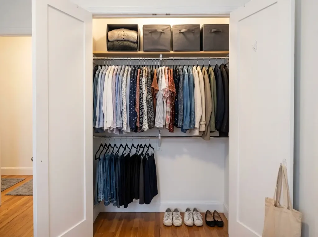 Too Many Clothes? How to Organize a Closet That Stays Neat 6 Reach-in closet with double rod system showing shirts on top and pants on bottom