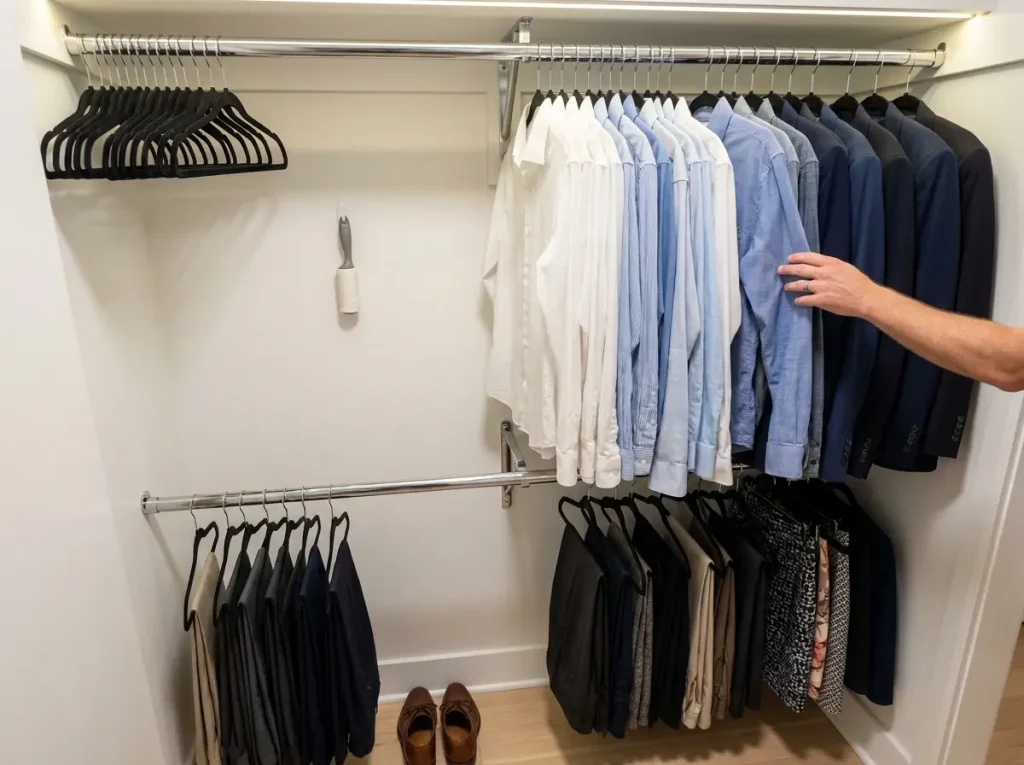 Double hanging rod in reach-in closet with shirts on upper rod and pants on lower rod