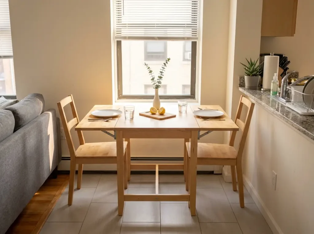 Drop-leaf dining table fully extended with two chairs and a simple meal in a small apartment kitchen-living room