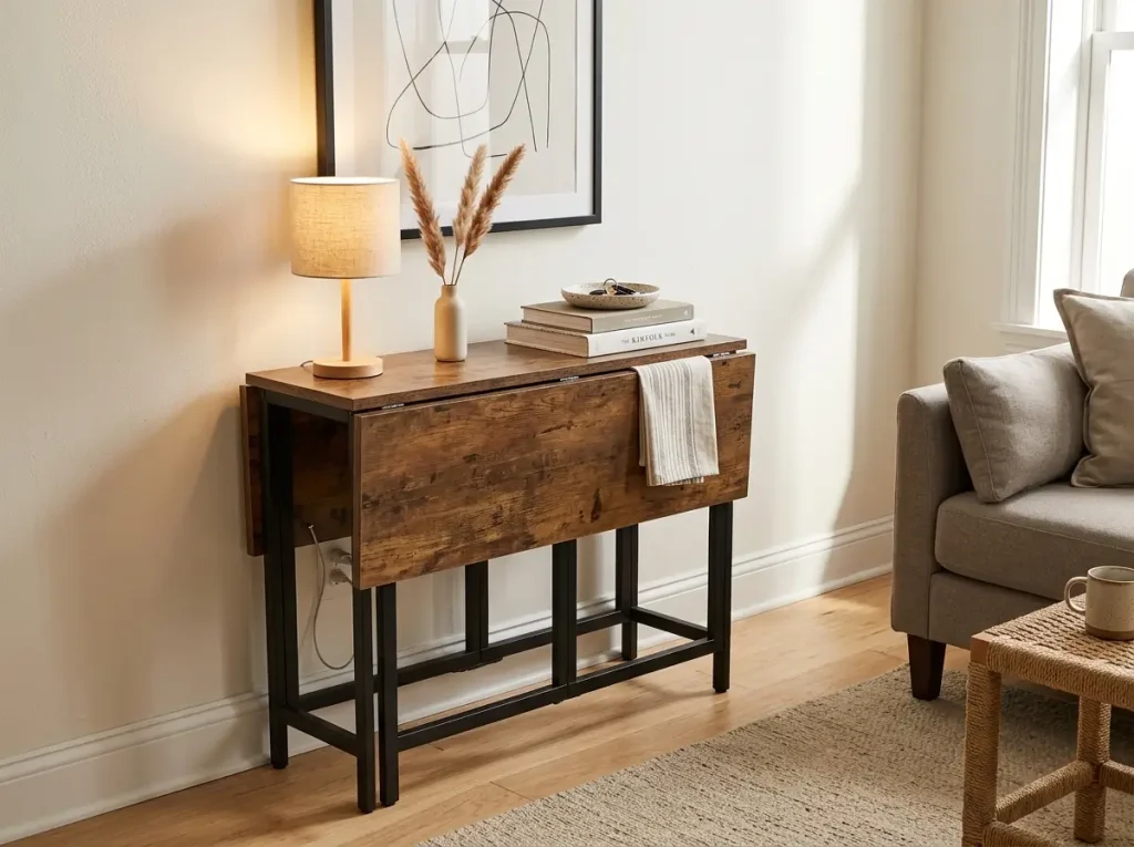 Drop-leaf folding table against living room wall with one leaf raised as a console, lamp and plant on top