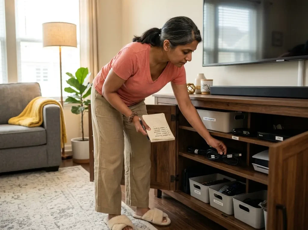 Woman doing monthly entertainment center reset check with notepad, reviewing cable organization and device zones