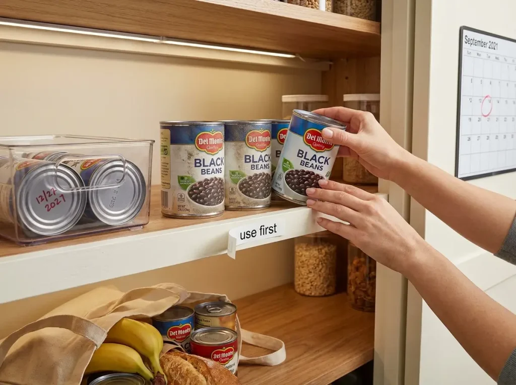 Hands placing new cans behind older ones on pantry shelf with use first label