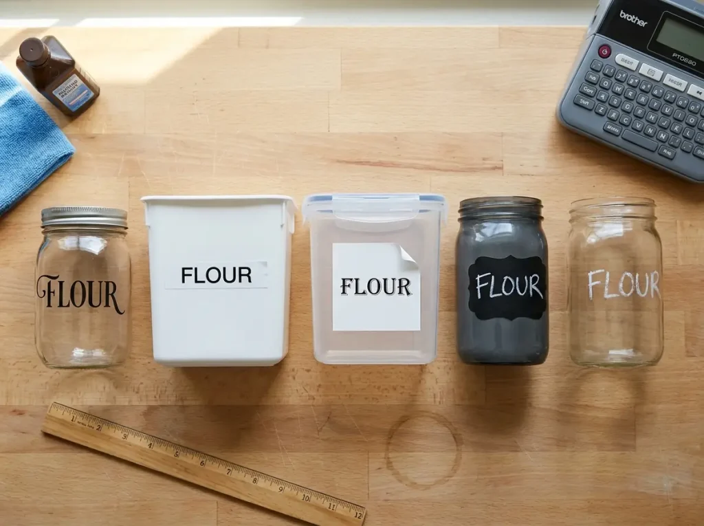 Five different pantry label types on a wood countertop showing vinyl sticker chalk and label maker options