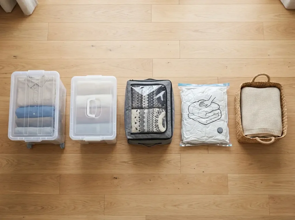 Five types of under-bed storage containers on hardwood floor flat-lay comparison