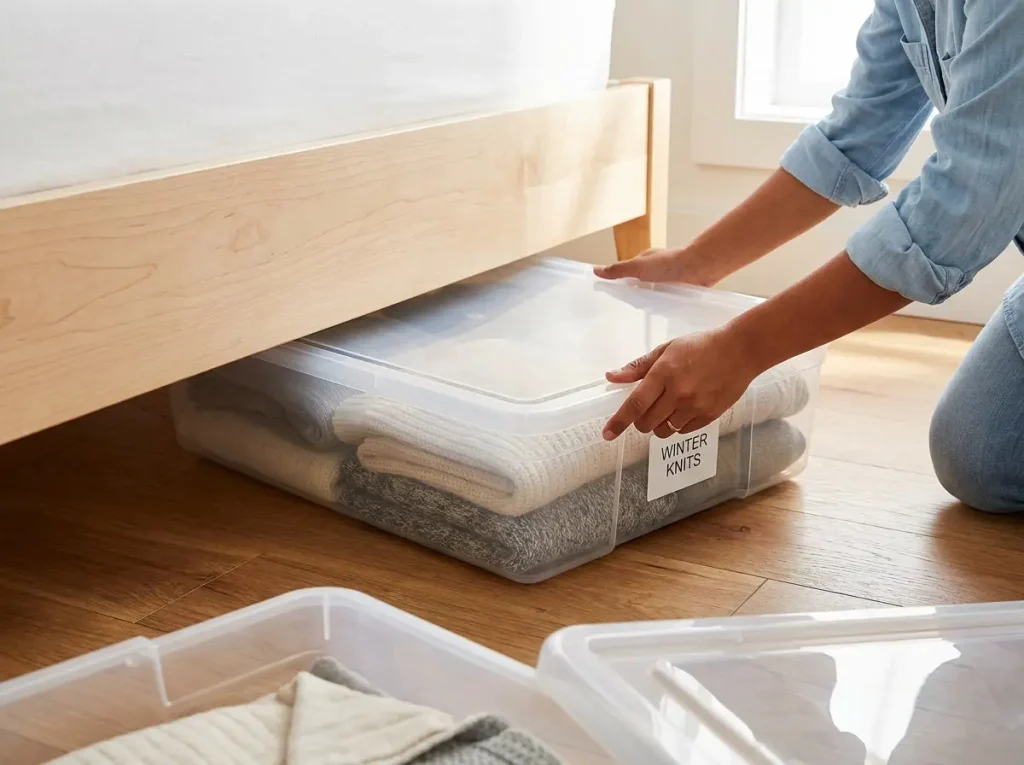 Hands sliding IRIS USA flat under-bed container beneath low platform bed with second labeled container waiting on floor