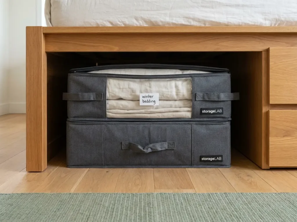 Two flat under-bed storage containers stacked inside high-clearance bed frame showing stacking advantage