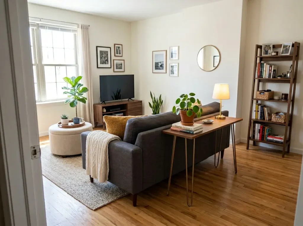 Small apartment living room with sofa floated from wall showing gap and console table behind it