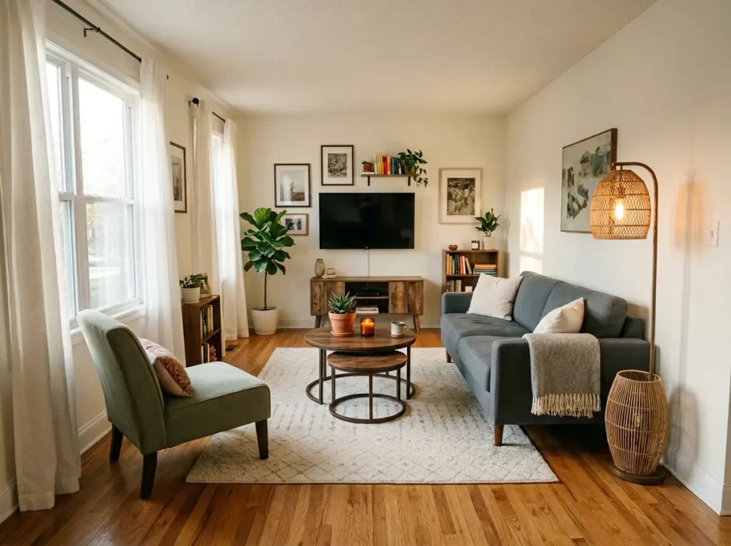Comparison of wall-hugging vs floating furniture arrangement in small living room