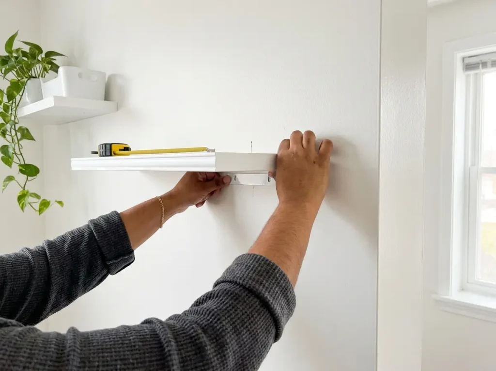 Hands installing no-drill adhesive floating shelf on apartment wall showing adhesive strip placement