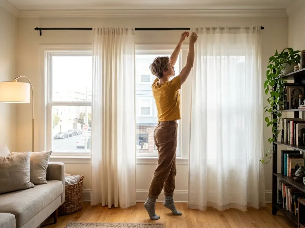 Woman adjusting floor-to-ceiling curtains hung near ceiling on tension rod in small living room