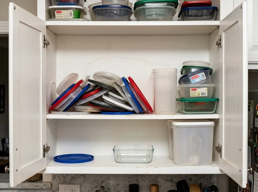 Messy kitchen cabinet with toppled food container lids and mismatched Tupperware containers