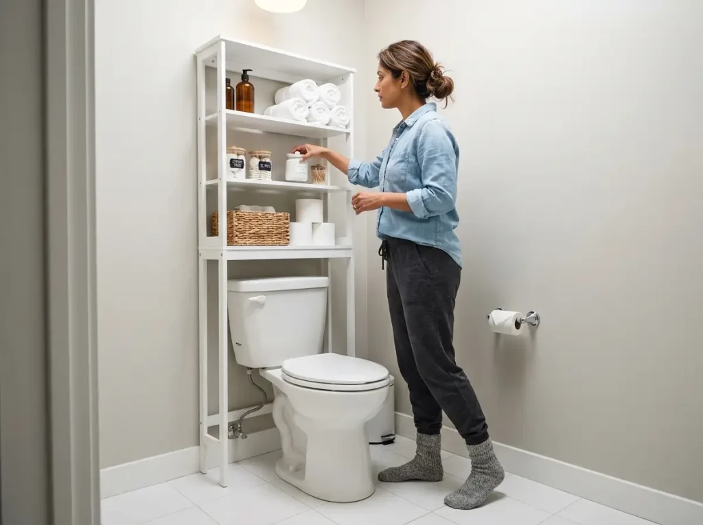 Woman reaching for bathroom organizer on freestanding over-toilet shelf