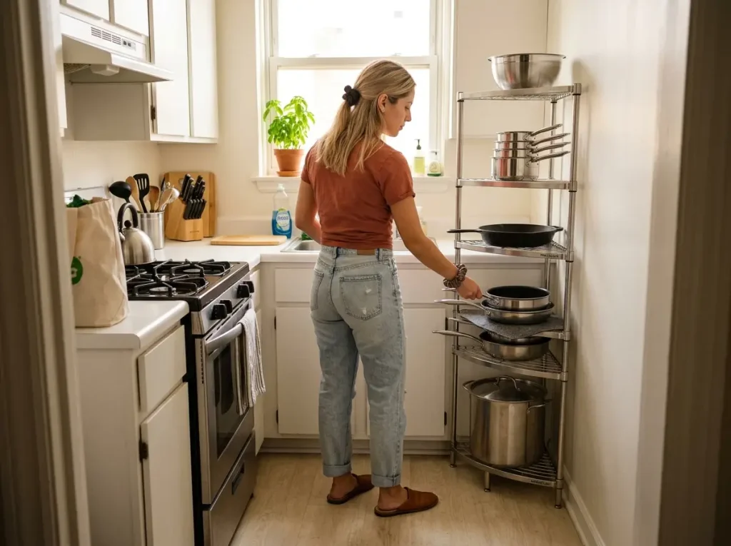 Freestanding pot rack in apartment kitchen corner, small space cookware storage for renters