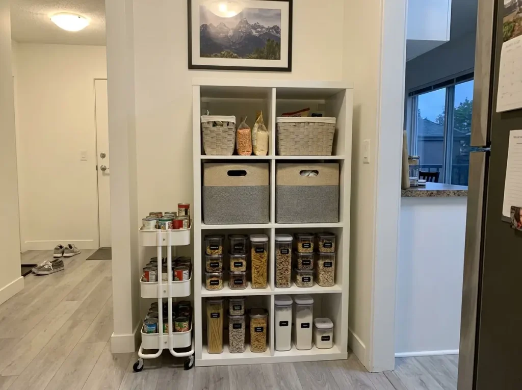 Freestanding KALLAX shelf unit used as apartment pantry in hallway nook with labeled bins