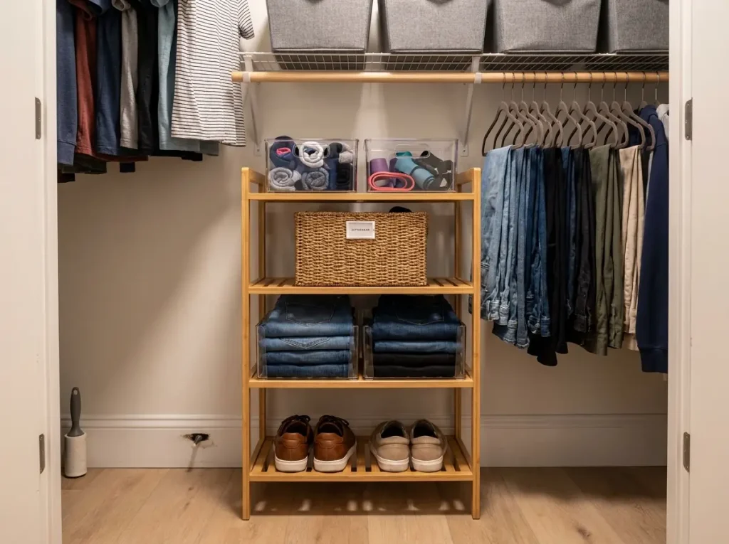 Bamboo freestanding shelf unit on closet floor with labeled bins under hanging clothes