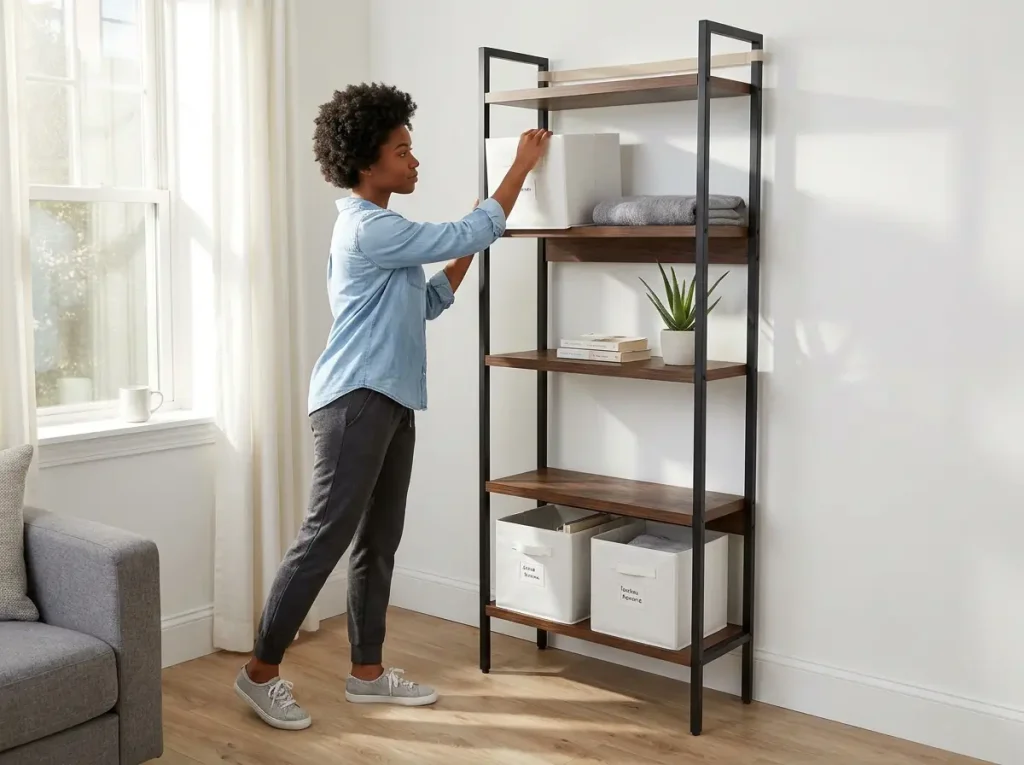 African American woman organizing narrow 5-tier freestanding bookshelf in small apartment corner