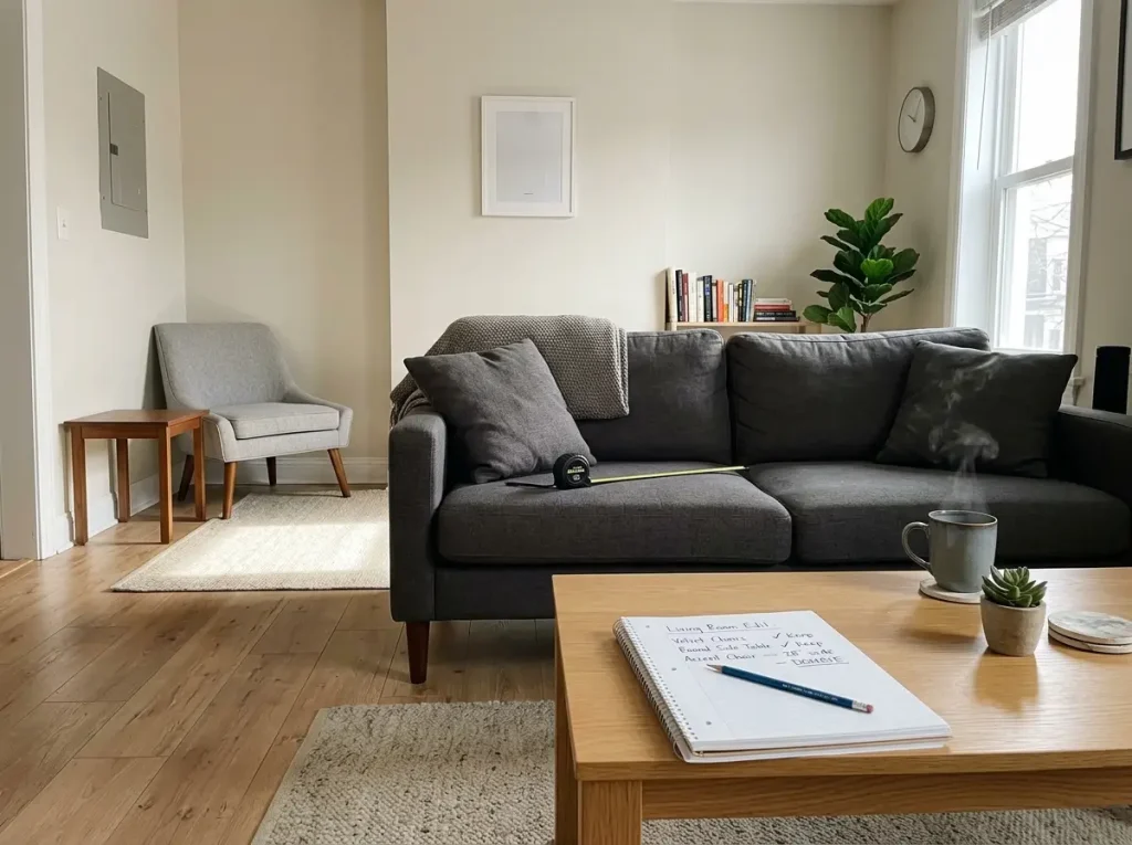 Small living room mid-furniture edit with chair moved aside and notepad checklist