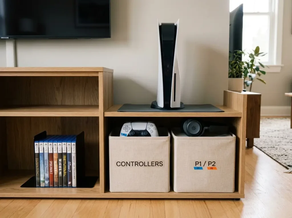 Gaming setup beside TV showing organized controller storage in labeled bins and console on open shelf