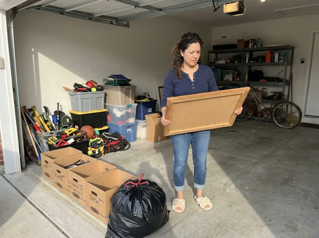 Woman mid-garage declutter with sorted piles and labeled donation boxes near open door