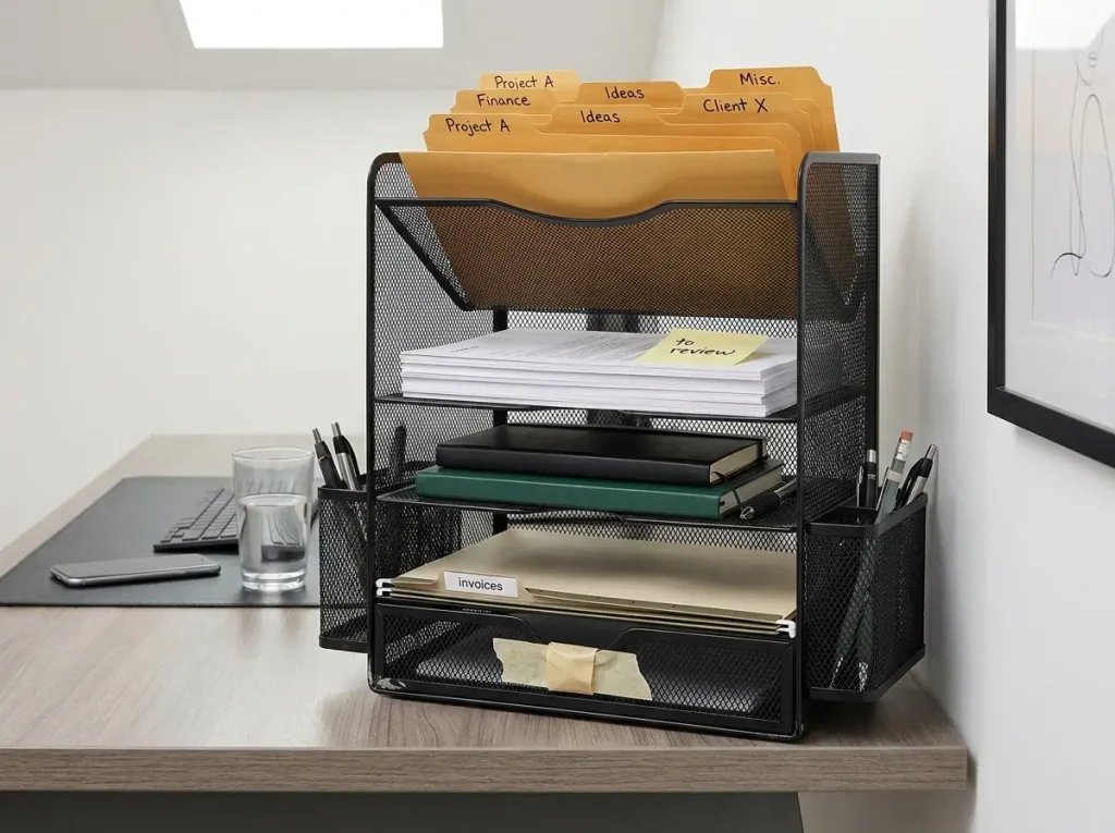 Gianotter 4-tier mesh file organizer on home office desk with sorted papers and documents in each tier