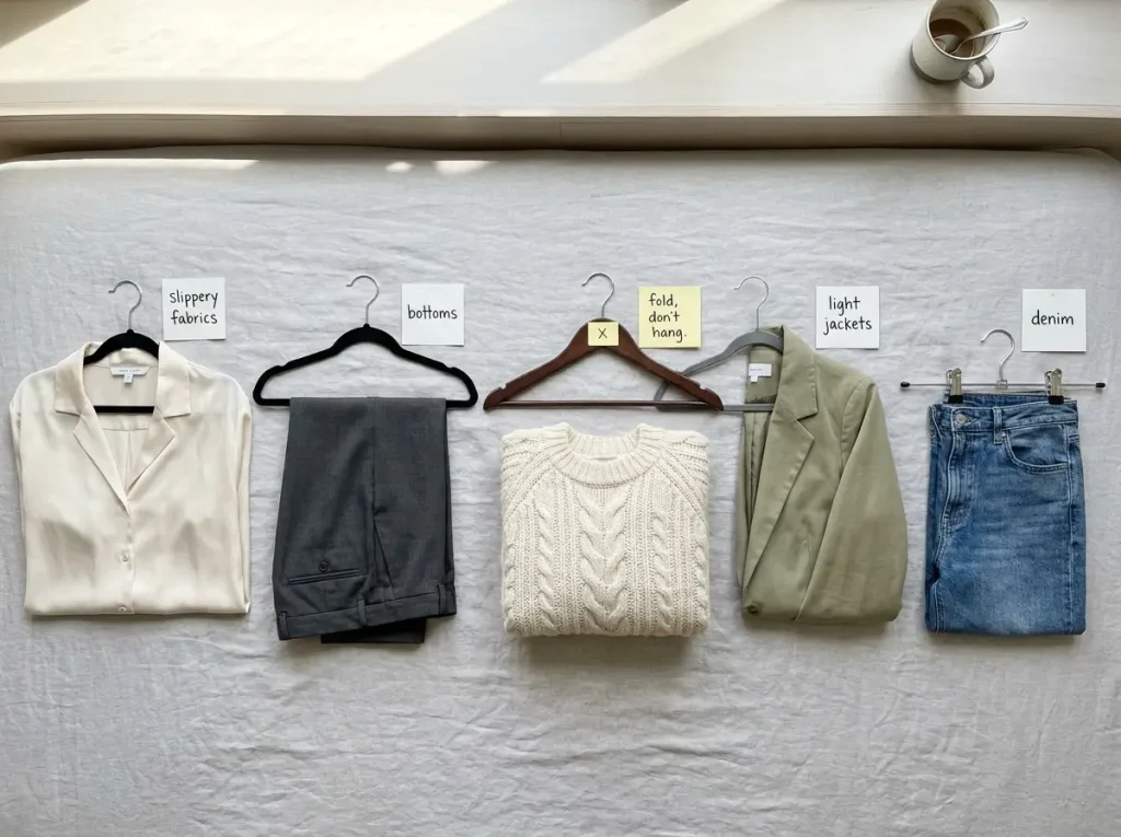 5 Slim Hangers Tested — One Freed 11 Inches of Rod 12 Overhead flat-lay of five garment types paired with their recommended hanger types on a light surface