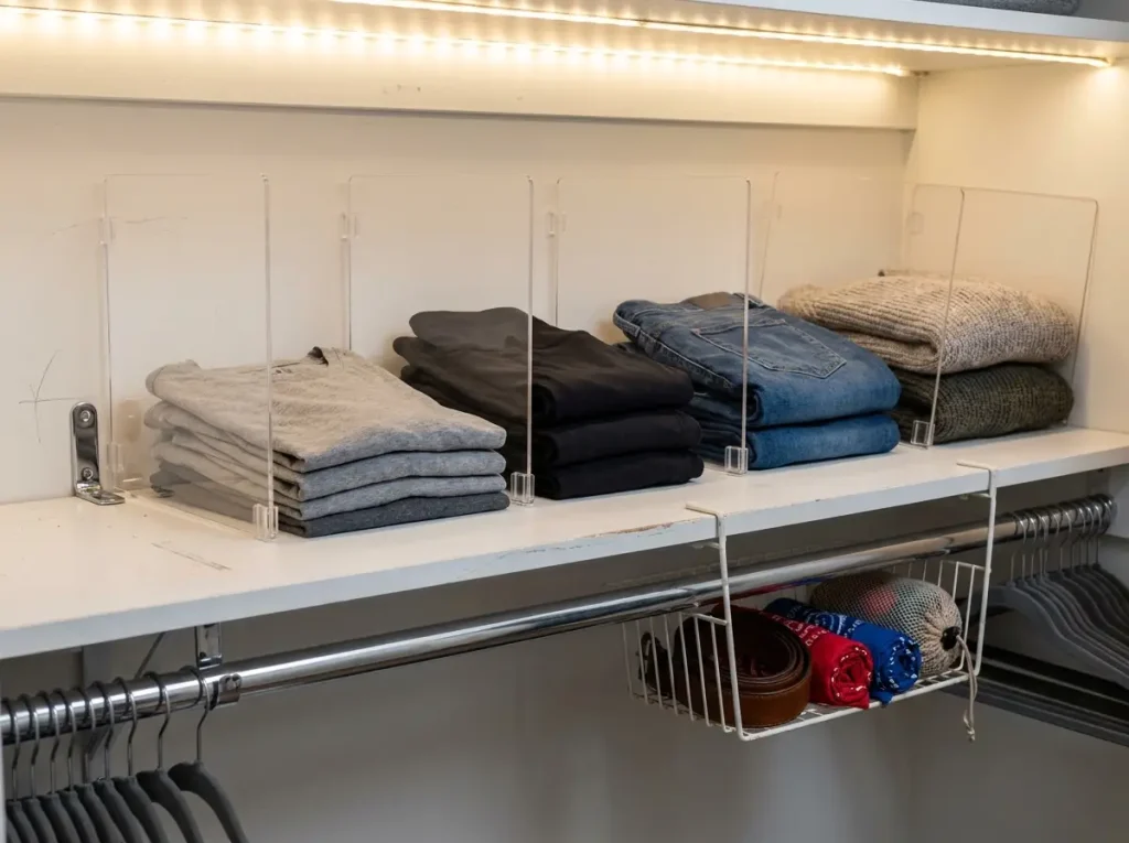 HBlife acrylic shelf dividers and under-shelf wire basket on apartment closet shelf preventing stack collapse