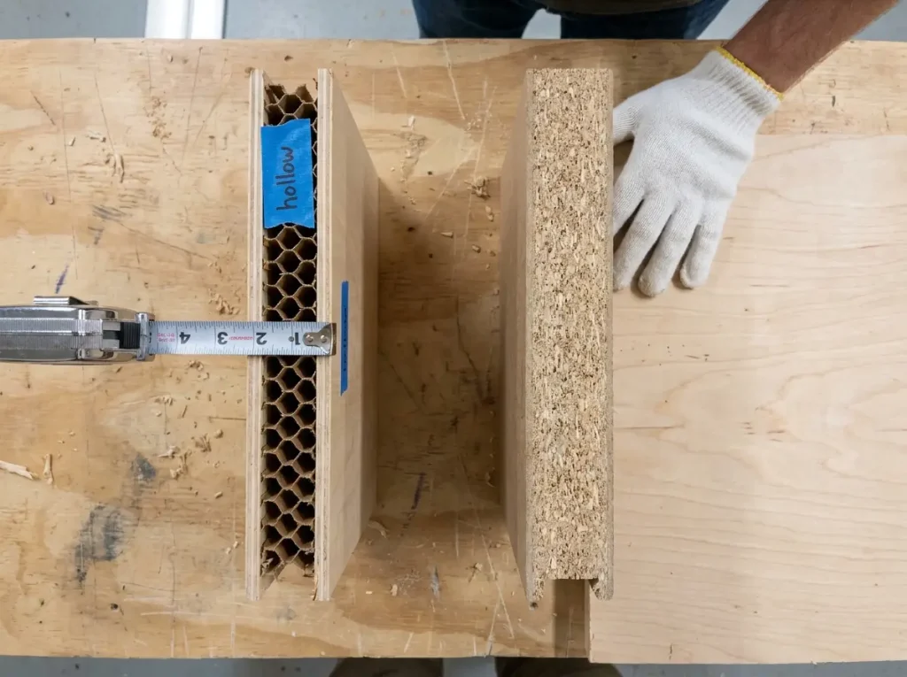Cross section of hollow-core pantry door showing internal honeycomb structure