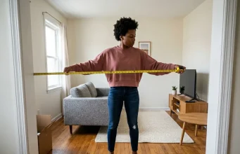 How to Arrange Furniture in a Small Living Room That Works African American woman measuring a small living room before furniture arrangement