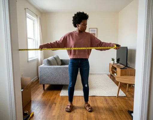 How to Arrange Furniture in a Small Living Room That Works African American woman measuring a small living room before furniture arrangement