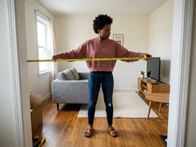 African American woman measuring a small living room before furniture arrangement