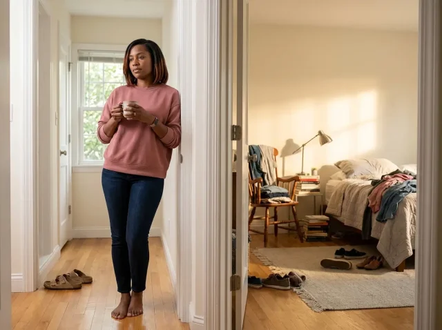 Woman with coffee standing in doorway of cluttered bedroom about to declutter