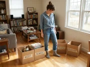 How to Declutter Your Home Room by Room That Sticks Woman setting up four sorting boxes in living room before room-by-room decluttering