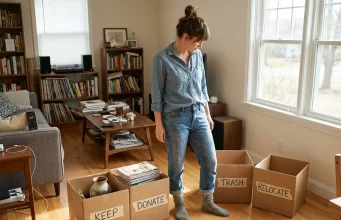 How to Declutter Your Home Room by Room That Sticks Woman setting up four sorting boxes in living room before room-by-room decluttering