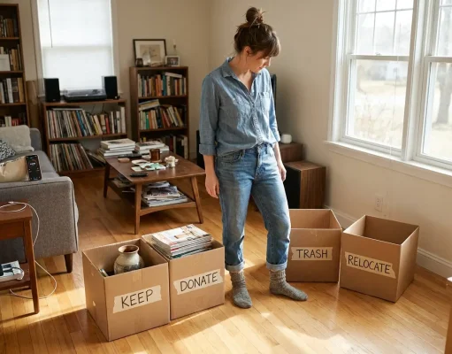 How to Declutter Your Home Room by Room That Sticks Woman setting up four sorting boxes in living room before room-by-room decluttering