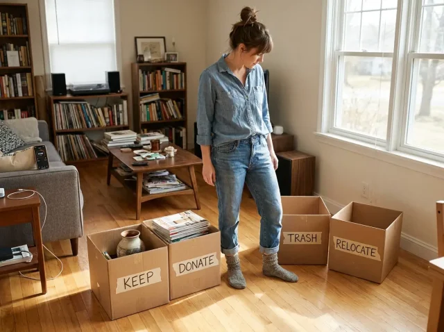 Woman setting up four sorting boxes in living room before room-by-room decluttering