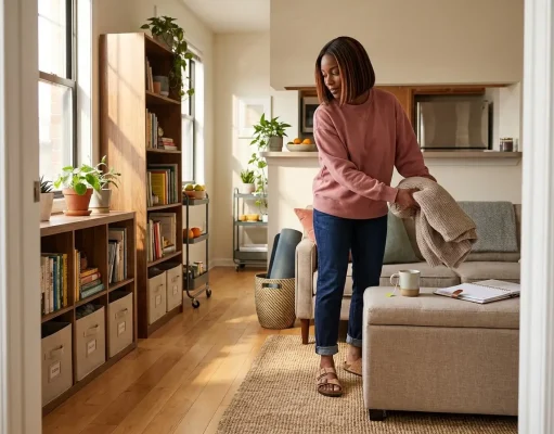 How to Maximize Space in a Small Apartment African American woman organizing a small apartment living area, shelving and multi-use furniture visible