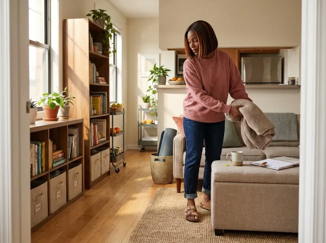 African American woman organizing a small apartment living area, shelving and multi-use furniture visible