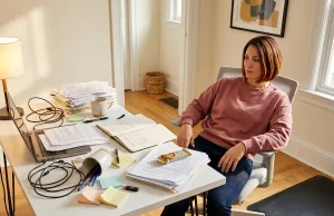 How to Organize a Messy Desk That Stays Neat African American woman at messy home office desk looking ready to organize, papers and cables scattered